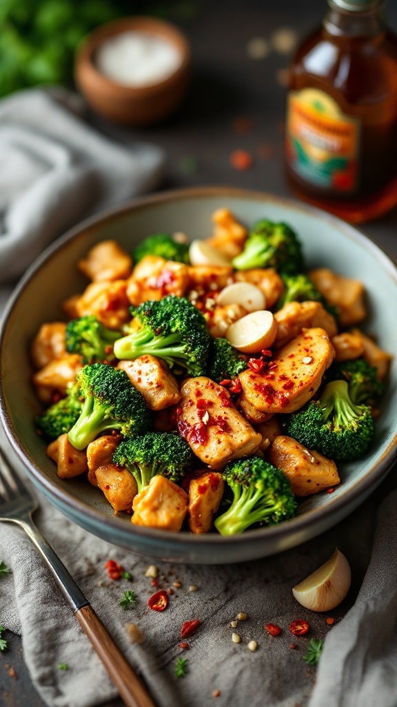 A delicious bowl of Spicy Garlic Chicken and Broccoli with tender chicken pieces and vibrant green broccoli.