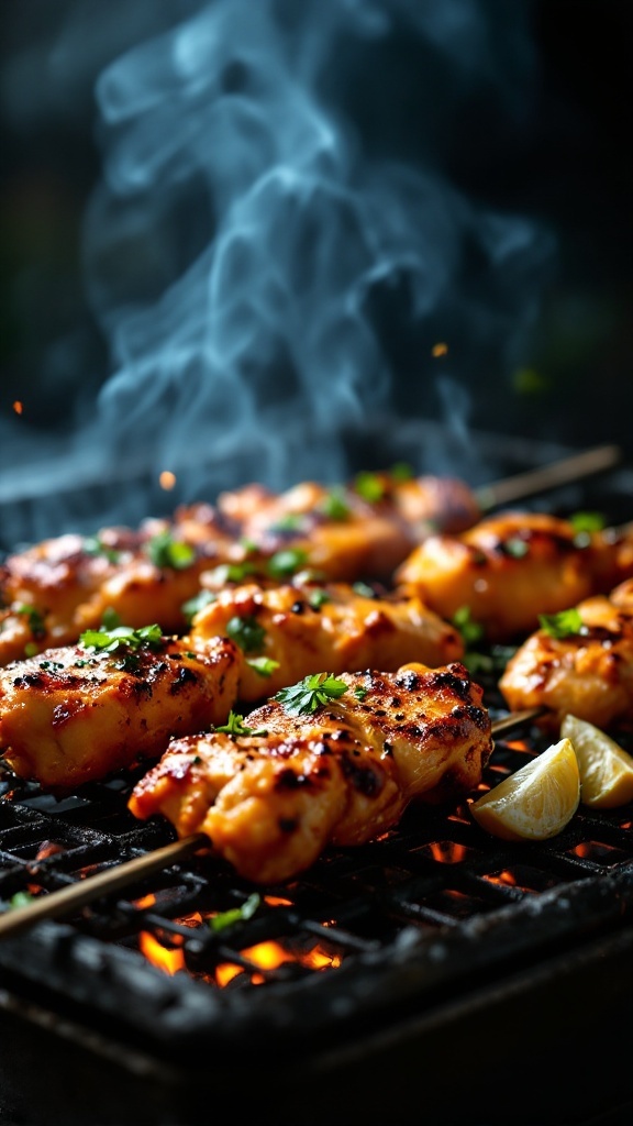 Delicious spicy garlic chicken skewers grilling over an open flame