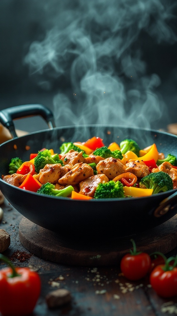 A colorful plate of spicy garlic chicken stir-fry with vegetables.