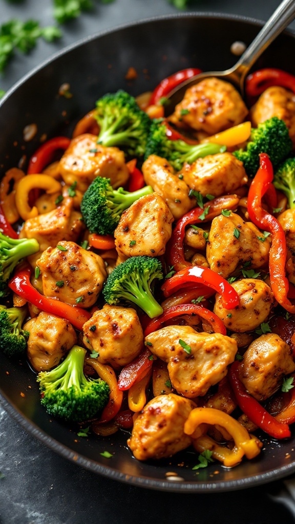 A colorful dish of spicy garlic chicken stir-fry featuring chicken pieces, broccoli, and bell peppers.