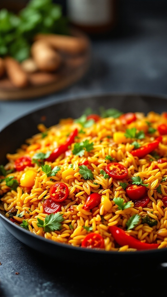 A colorful bowl of Spicy Garlic Chilli Orzo Stir-Fry with various vegetables.