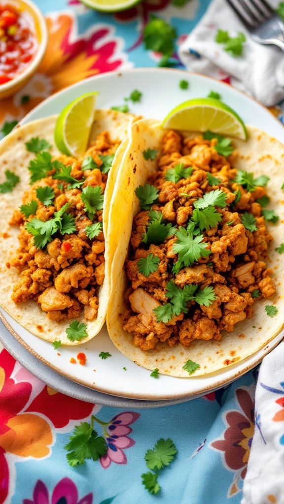 Spicy ground chicken tacos topped with cilantro and lime wedges.