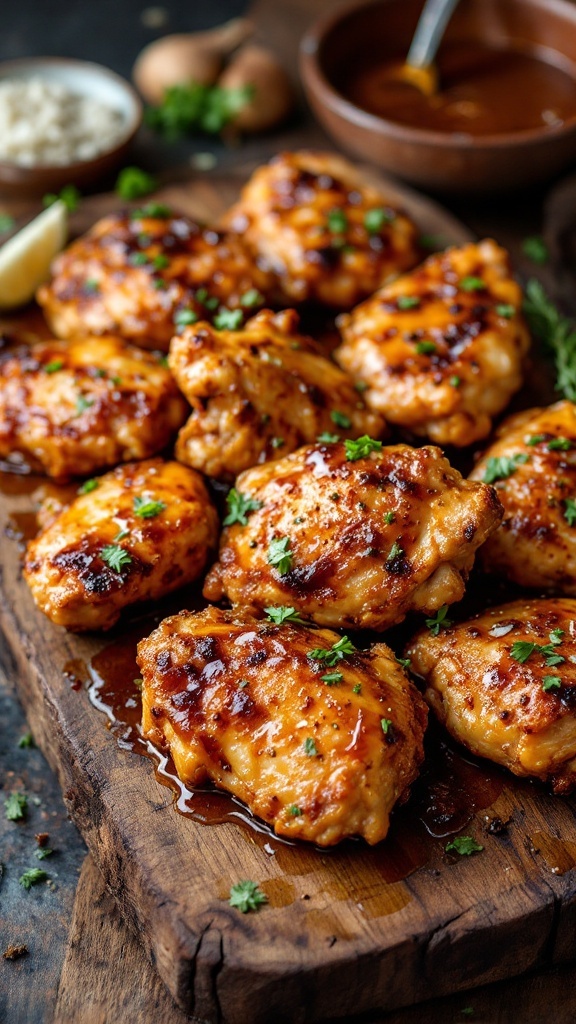 A plate of spicy honey garlic chicken thighs garnished with herbs, served on a wooden cutting board.