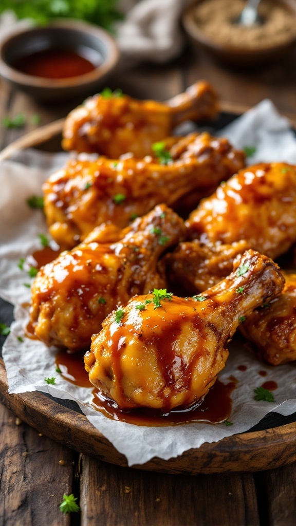 Spicy honey glazed chicken drumsticks served on a wooden platter with a drizzle of sauce.