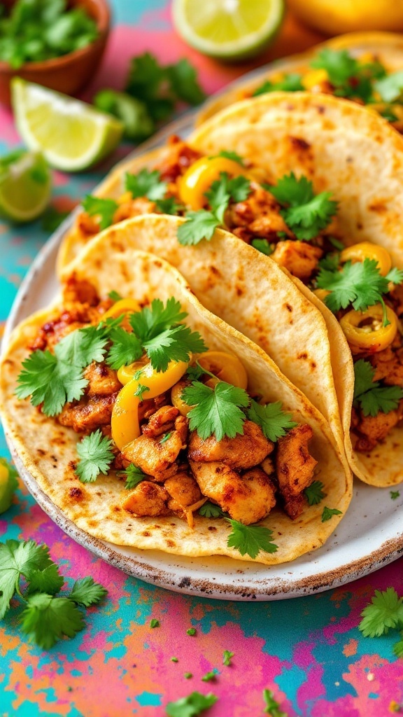 Delicious Spicy Jalapeno Chicken Tacos with fresh cilantro and lime wedges.