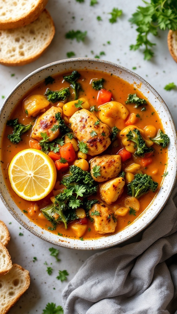 A bowl of spicy lemon chicken and kale stew with colorful vegetables.