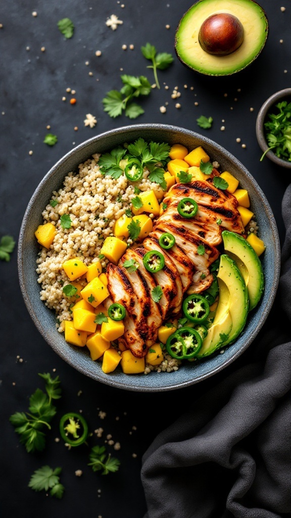 A colorful bowl featuring quinoa, grilled chicken, diced mango, avocado slices, and jalapeños, garnished with cilantro.