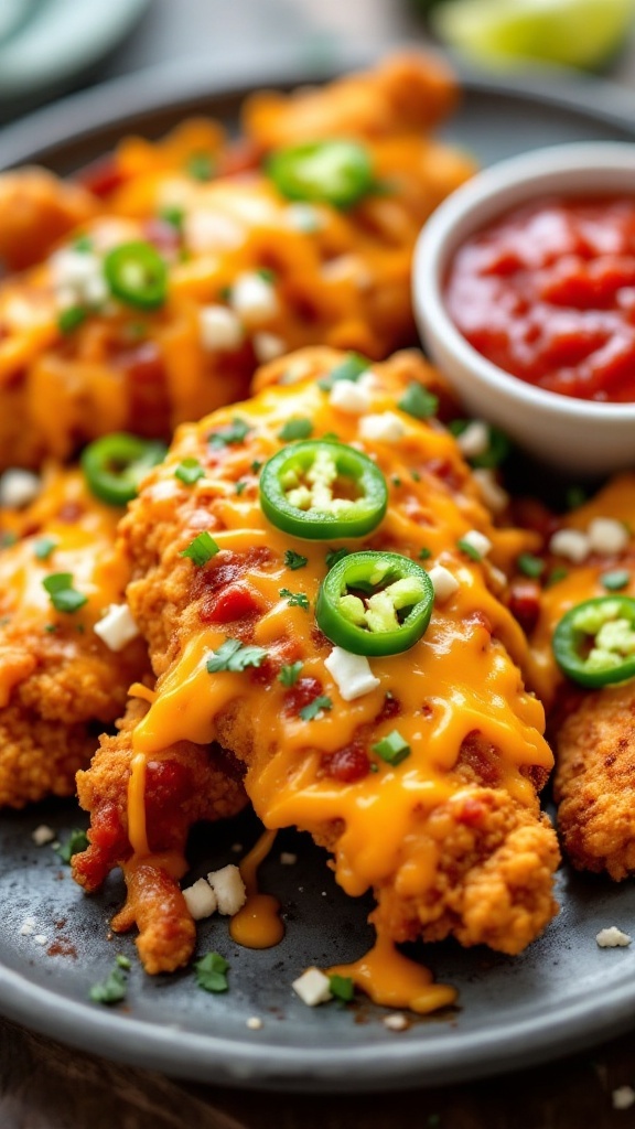 Spicy Nacho Chicken Tenders served with salsa and garnished with jalapeños and cheese.