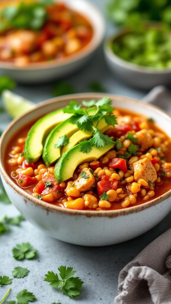 Bowl of Spicy Southwest Chicken and Barley Stew with avocado and cilantro garnish