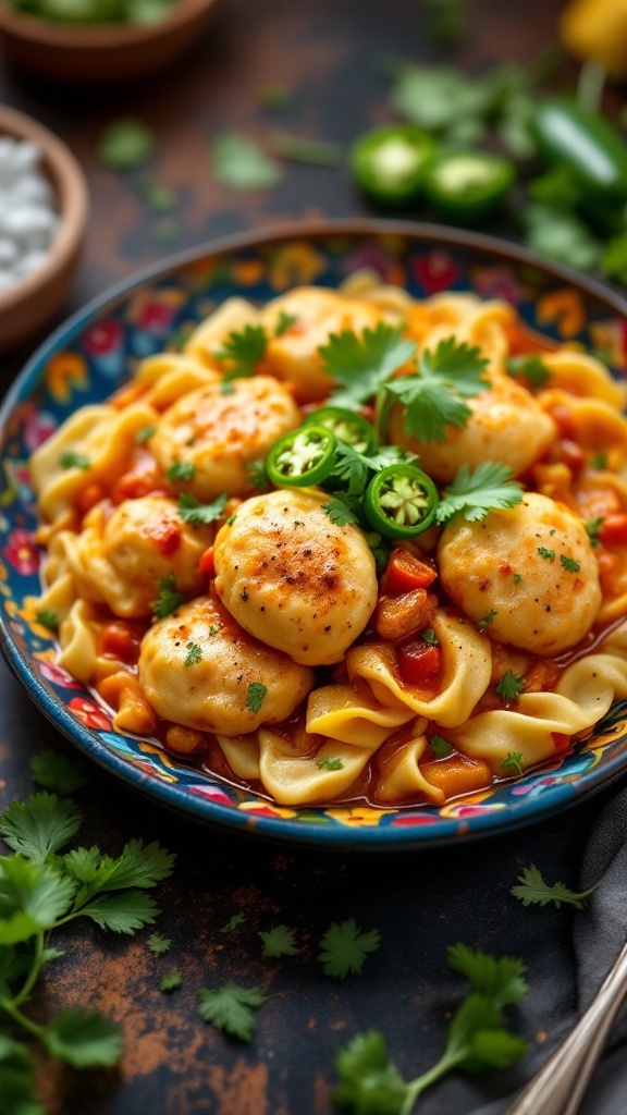 A colorful bowl of spicy Southwest chicken and dumplings with garnishes.