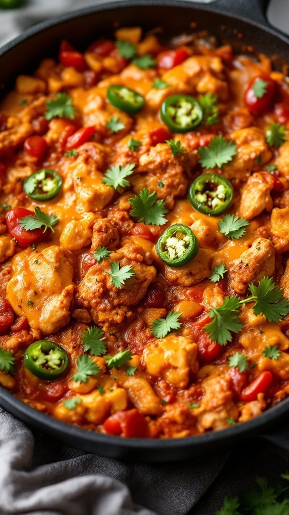 A delicious serving of spicy southwest chicken fajita bake topped with cheese and cilantro.