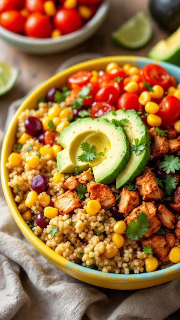 A colorful bowl featuring quinoa, diced chicken, corn, cherry tomatoes, and avocado slices.