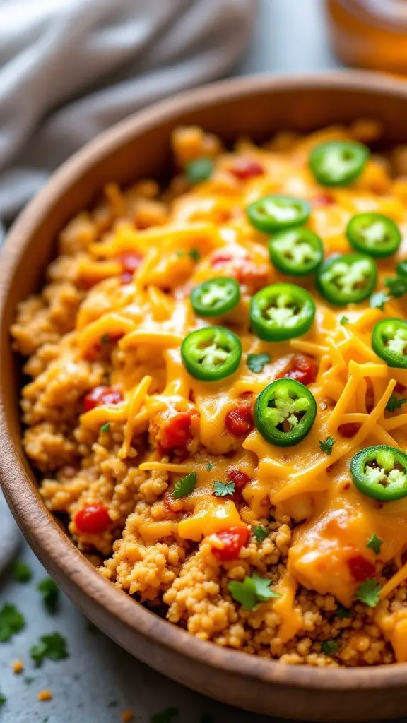 Delicious Spicy Southwest Chicken Quinoa Casserole topped with cheese and jalapeños.