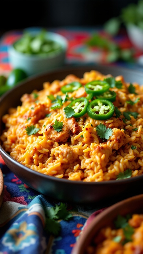 Spicy Southwestern Chicken and Rice Bake with garnishes