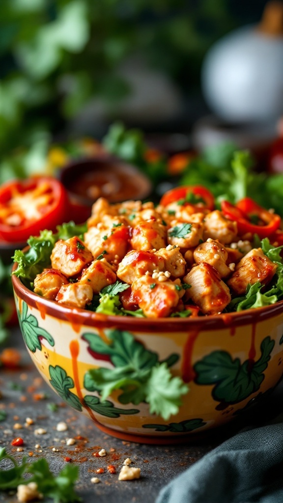 A colorful bowl of spicy Sriracha chicken salad with greens, chicken, and garnishes.