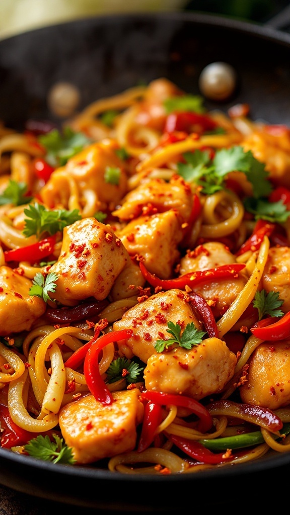 A plate of spicy Szechuan chicken with mixed vegetables