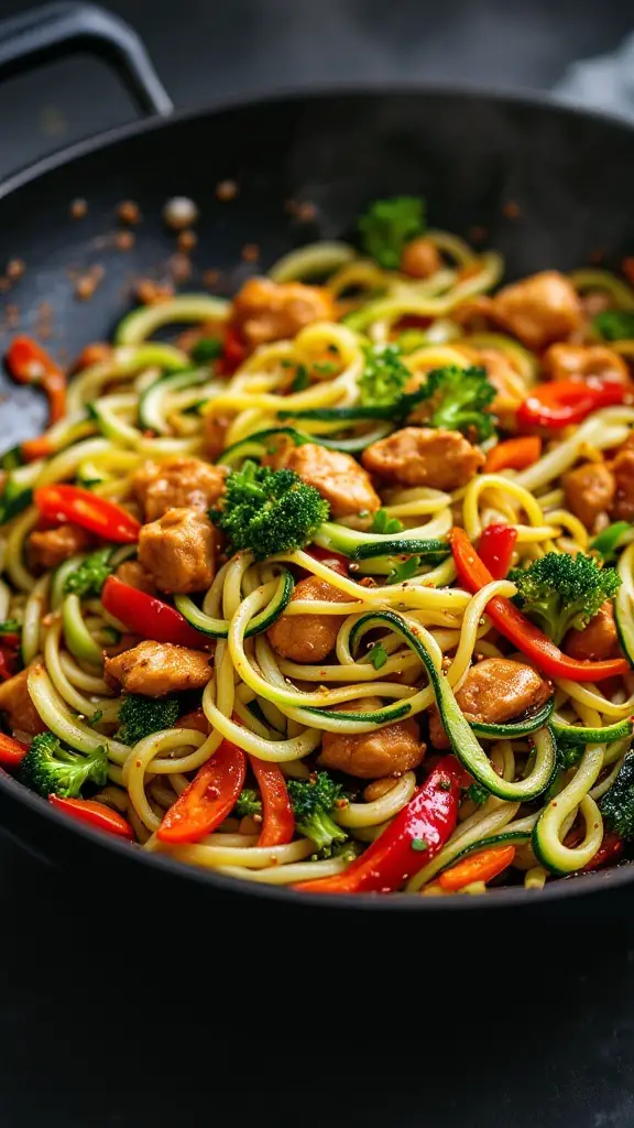 A colorful stir-fry featuring chicken, zucchini noodles, bell peppers, and broccoli, reflecting a healthy and appetizing dish.