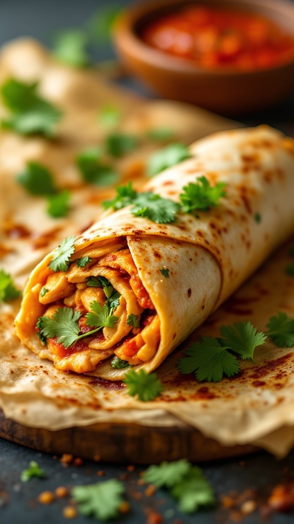 A deliciously rolled Spicy Tandoori Chicken Kathi Roll with fresh herbs.