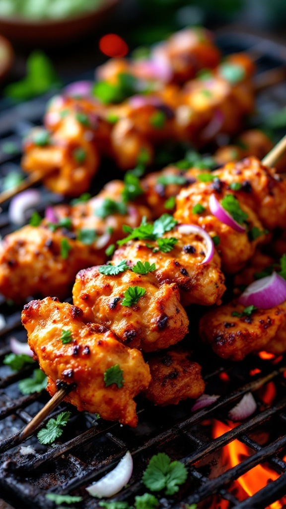 Spicy Tandoori Chicken Tikka skewers on a grill.