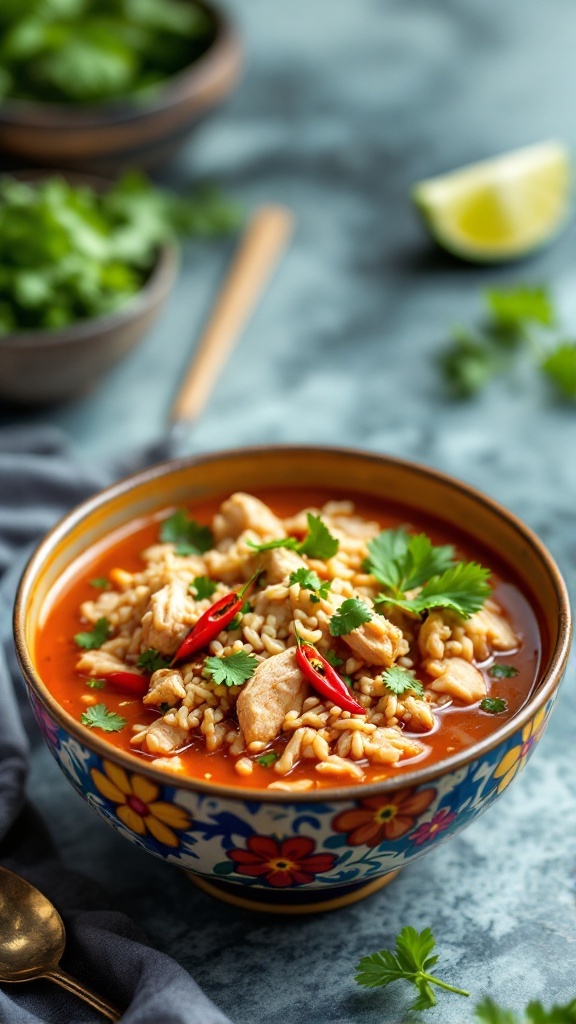 A colorful bowl of spicy Thai chicken and rice soup garnished with cilantro and red chilies.