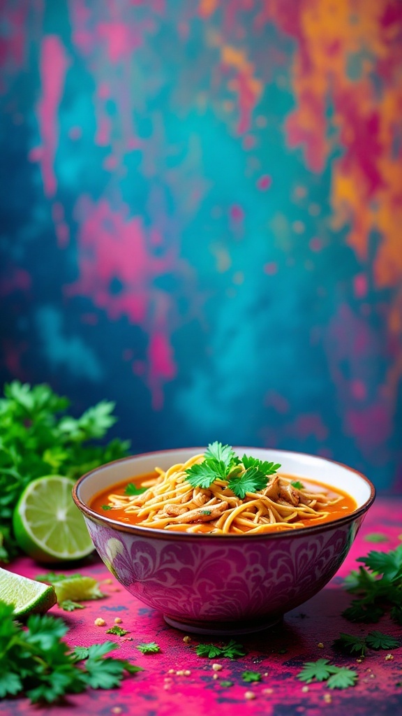 A bowl of Spicy Thai Chicken Noodle Soup garnished with cilantro and lime.