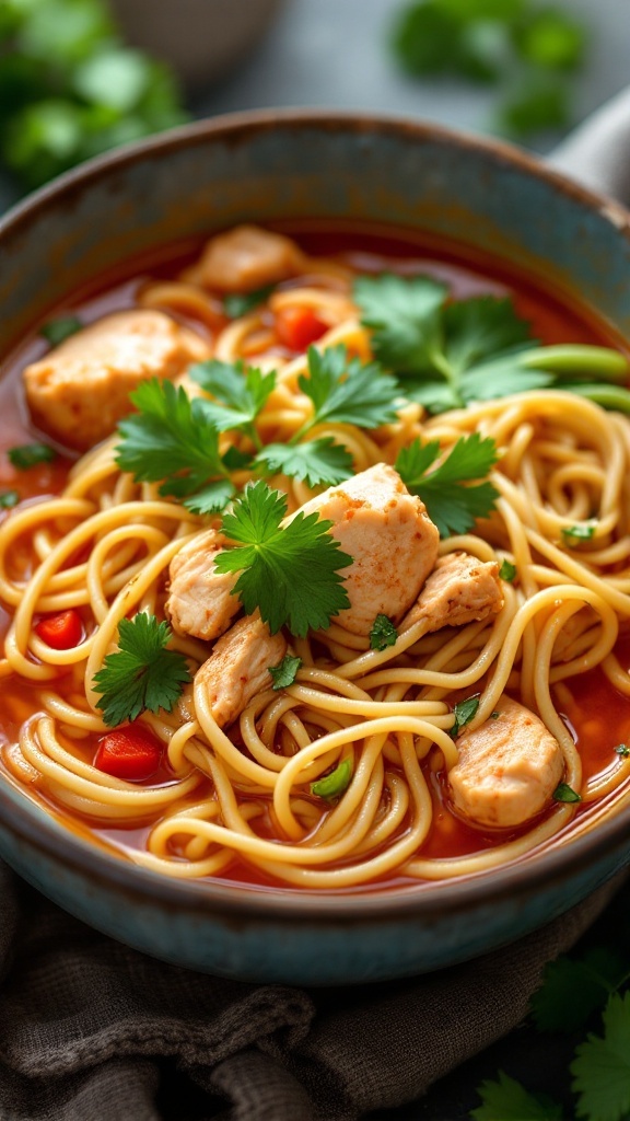 Bowl of spicy Thai chicken noodle soup with chicken pieces and herbs