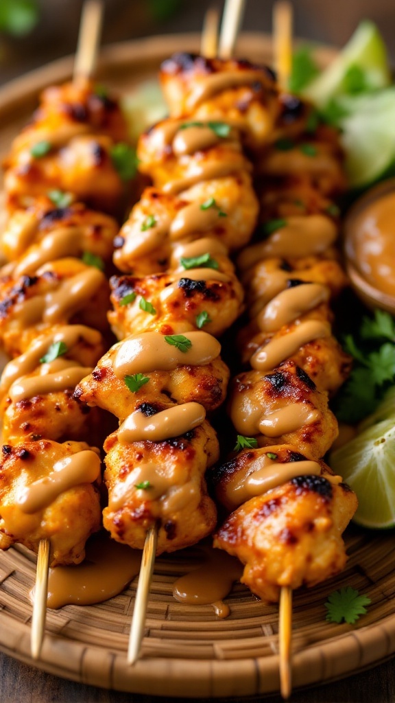 Spicy Thai Chicken Satay skewers with peanut sauce drizzle