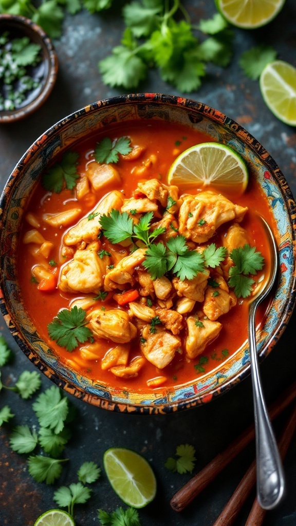 Bowl of spicy Thai chicken soup garnished with cilantro and lime.