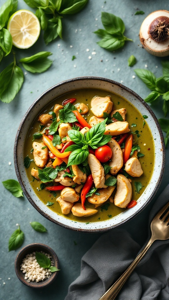 A bowl of spicy Thai green curry with chicken and colorful vegetables