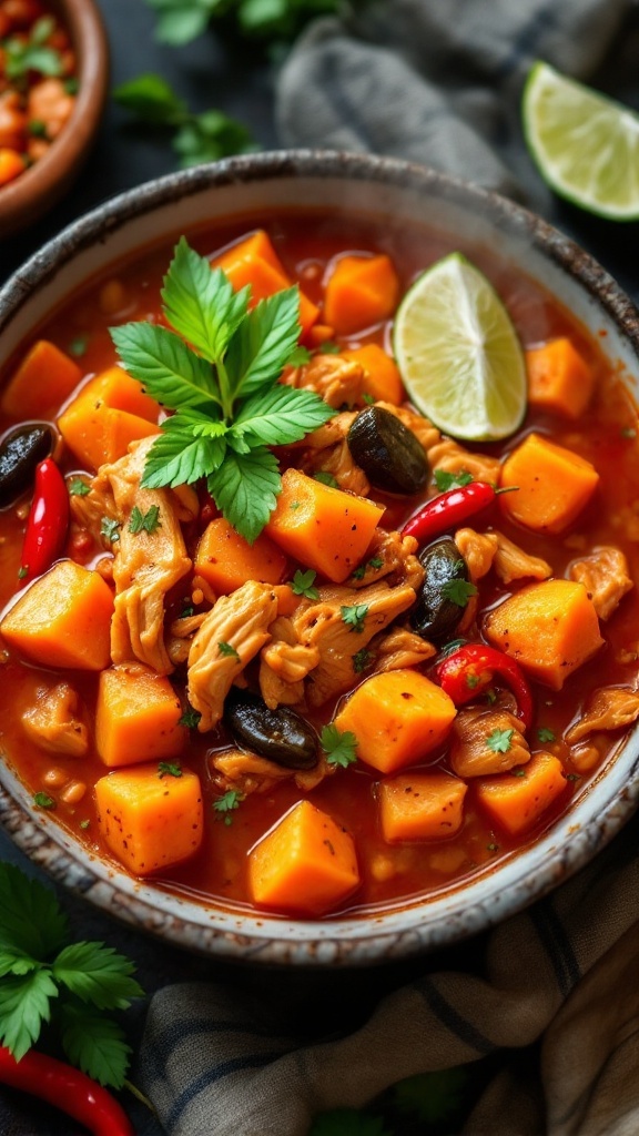 A colorful bowl of spicy Thai sweet potato and chicken stew with fresh herbs and lime.