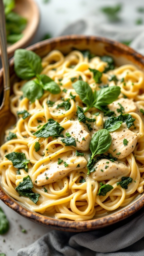 A bowl of creamy spinach and artichoke alfredo pasta topped with fresh basil.