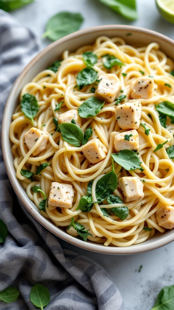 A bowl of Spinach and Artichoke Chicken Alfredo pasta with fresh spinach and artichoke pieces