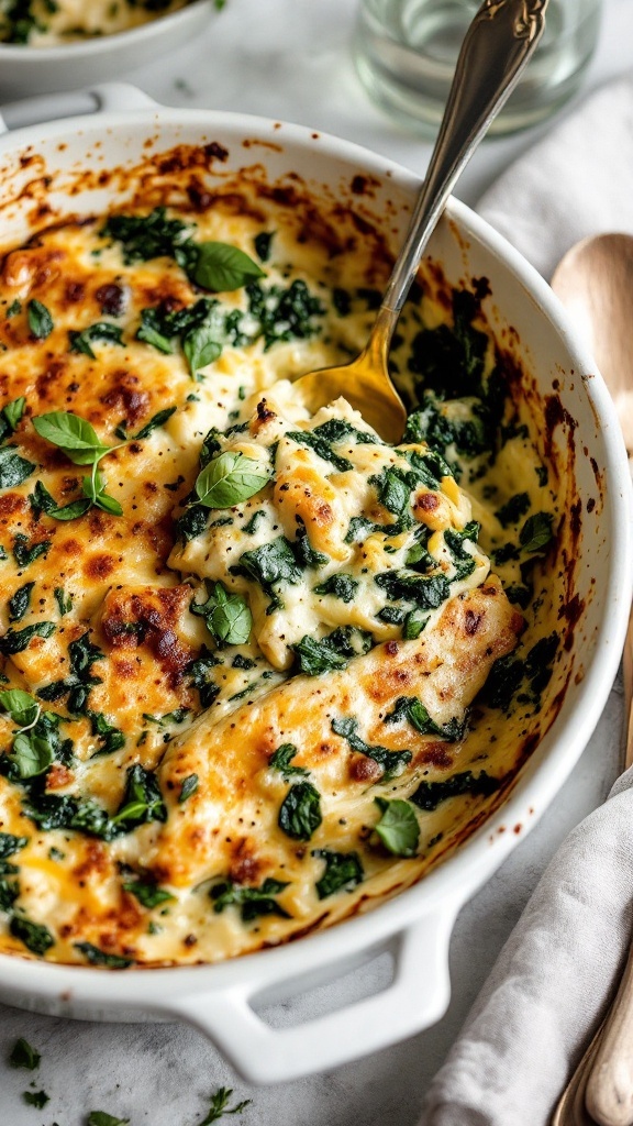 Spinach and artichoke chicken casserole in a white baking dish