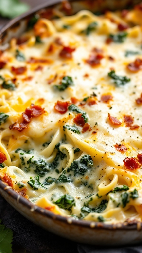 A delicious Spinach and Bacon Alfredo Bake with creamy sauce and cheese.