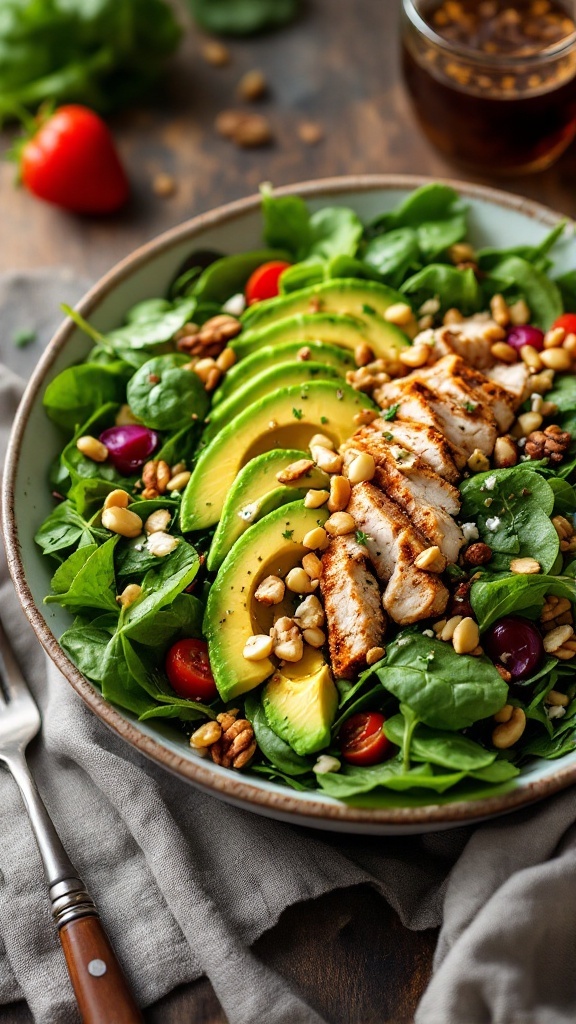 A healthy bowl of spinach and chicken salad topped with avocado and nuts