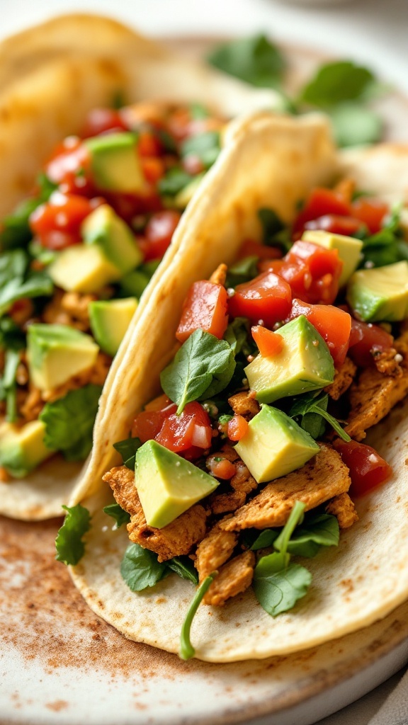 Delicious spinach and chicken tacos with fresh toppings.