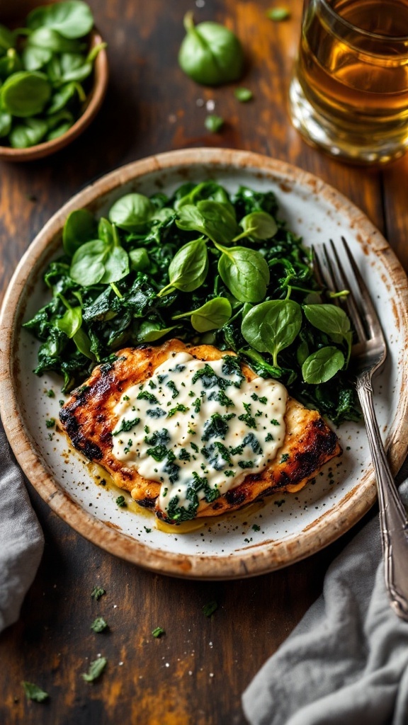 Creamy garlic chicken with spinach on a plate.