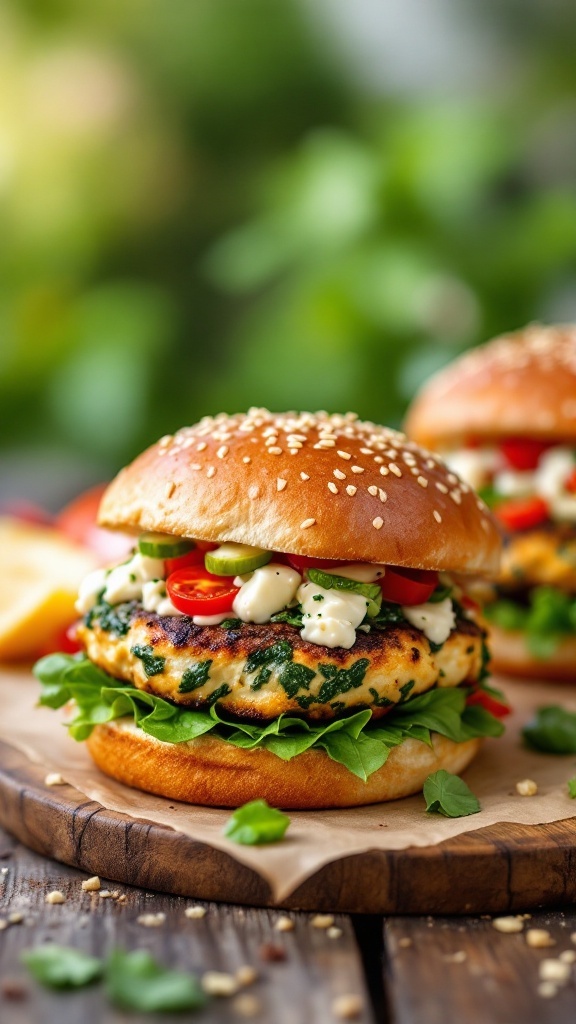 Delicious Spinach and Feta Chicken Burgers served on a wooden board