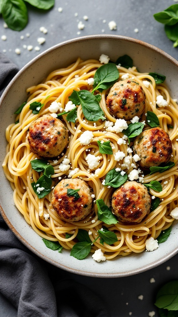 A bowl of spinach and feta chicken meatball pasta topped with fresh spinach and crumbled feta cheese.