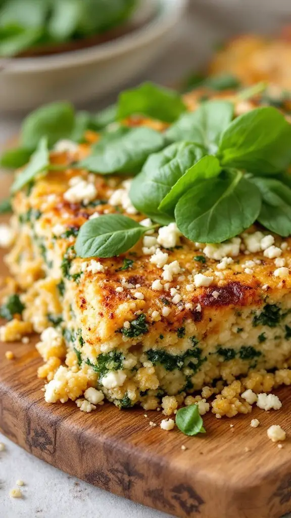 A delicious Spinach and Feta Chicken Quinoa Bake topped with fresh greens.