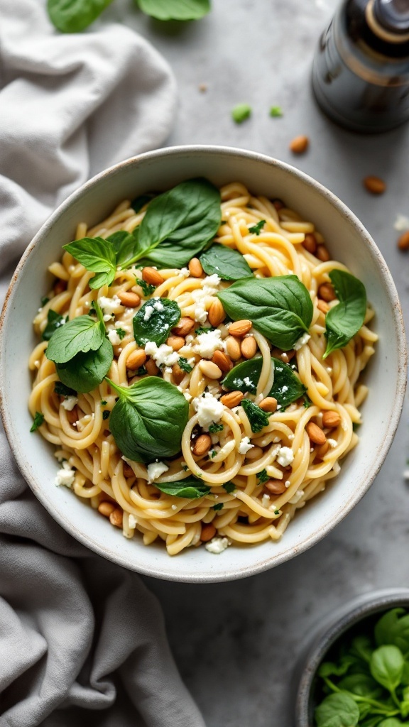 Bowl of Spinach and Feta Orzo topped with fresh spinach, basil, and pine nuts