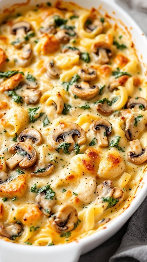 A creamy Spinach and Mushroom Chicken Alfredo Bake with pasta and melted cheese.