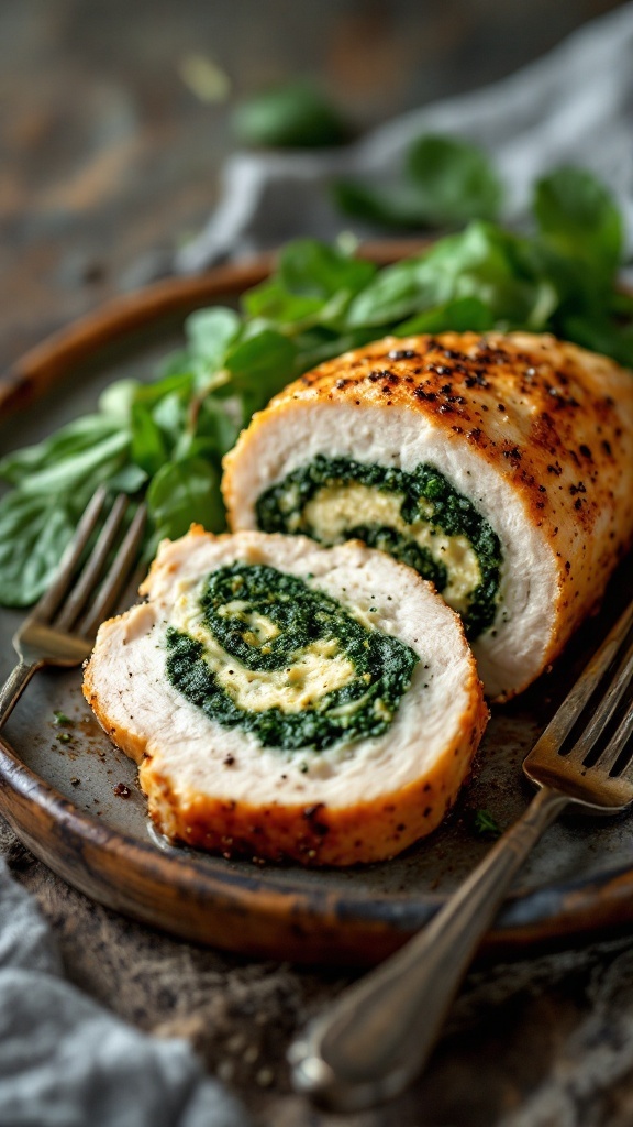 A plate of spinach stuffed chicken breast sliced to reveal a green spinach filling