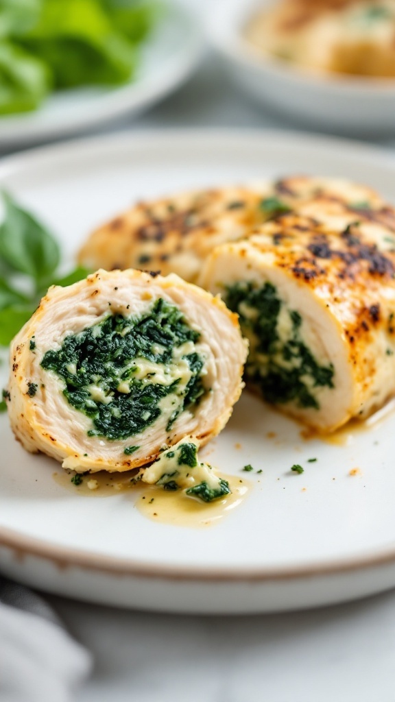 Spinach stuffed chicken breast sliced to show filling