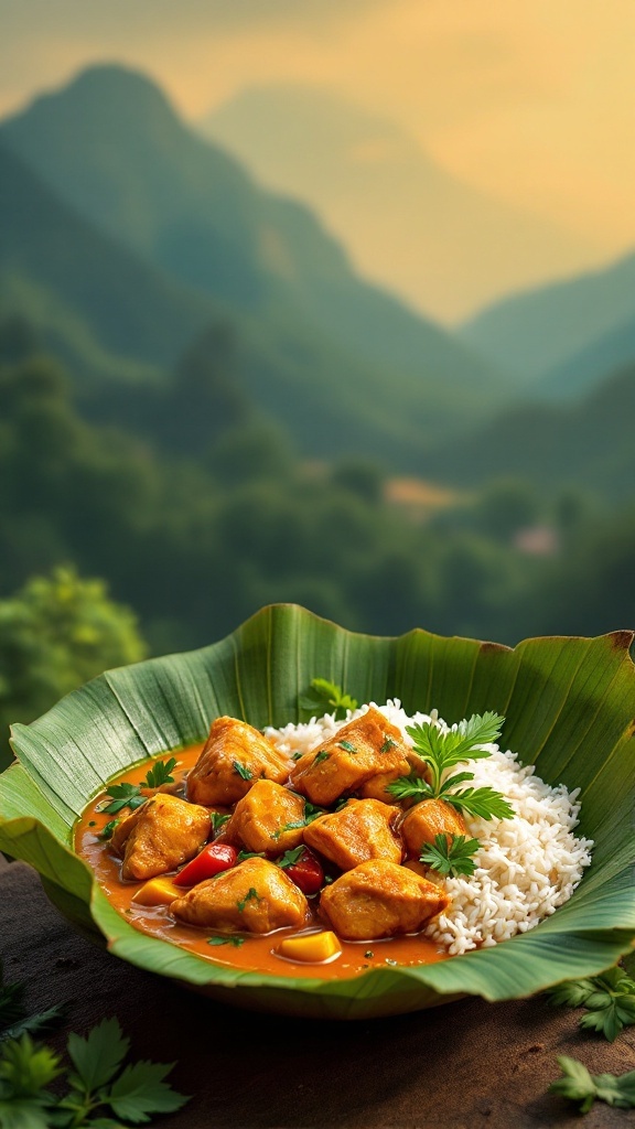 A bowl of Sri Lankan chicken curry served with rice, garnished with fresh cilantro.