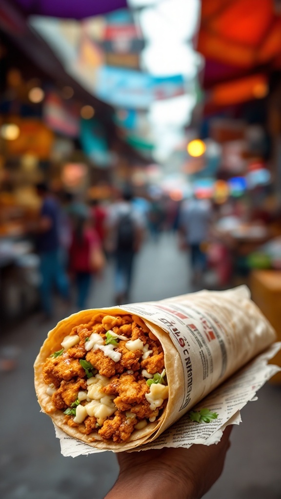 Delicious chicken kathi roll wrapped in paper, ready to eat.