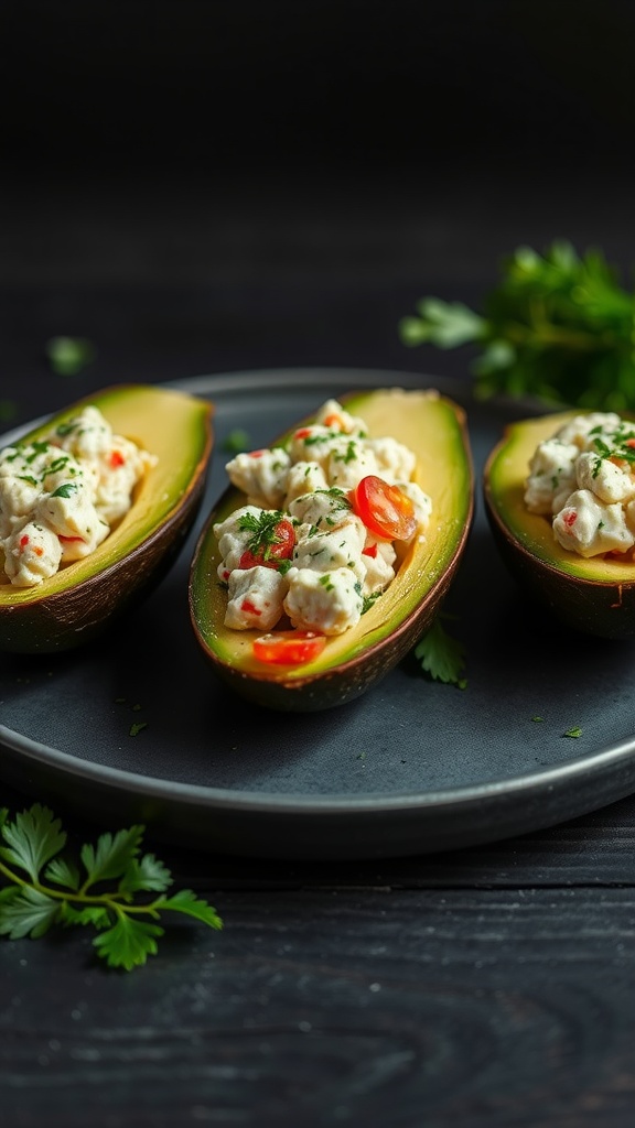 Avocados stuffed with crab salad on a dark plate, garnished with herbs