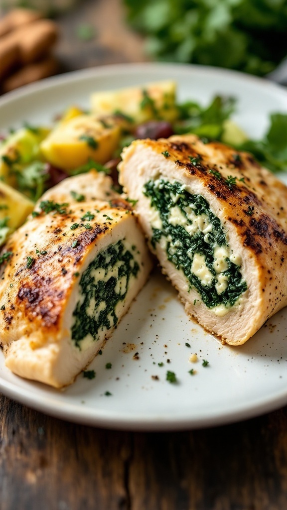 Delicious stuffed chicken breast with spinach and cheese, sliced to show filling