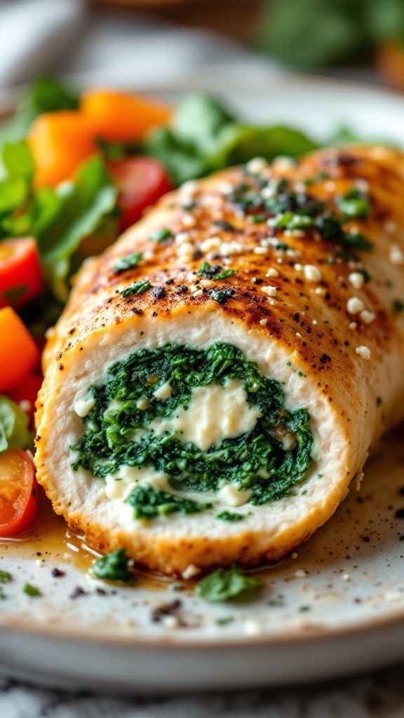 Stuffed chicken breast with spinach and feta, served on a plate