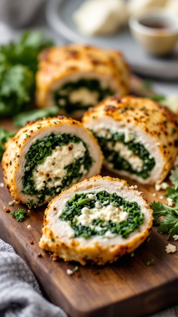 Stuffed chicken breasts with kale and feta sliced on a wooden board.